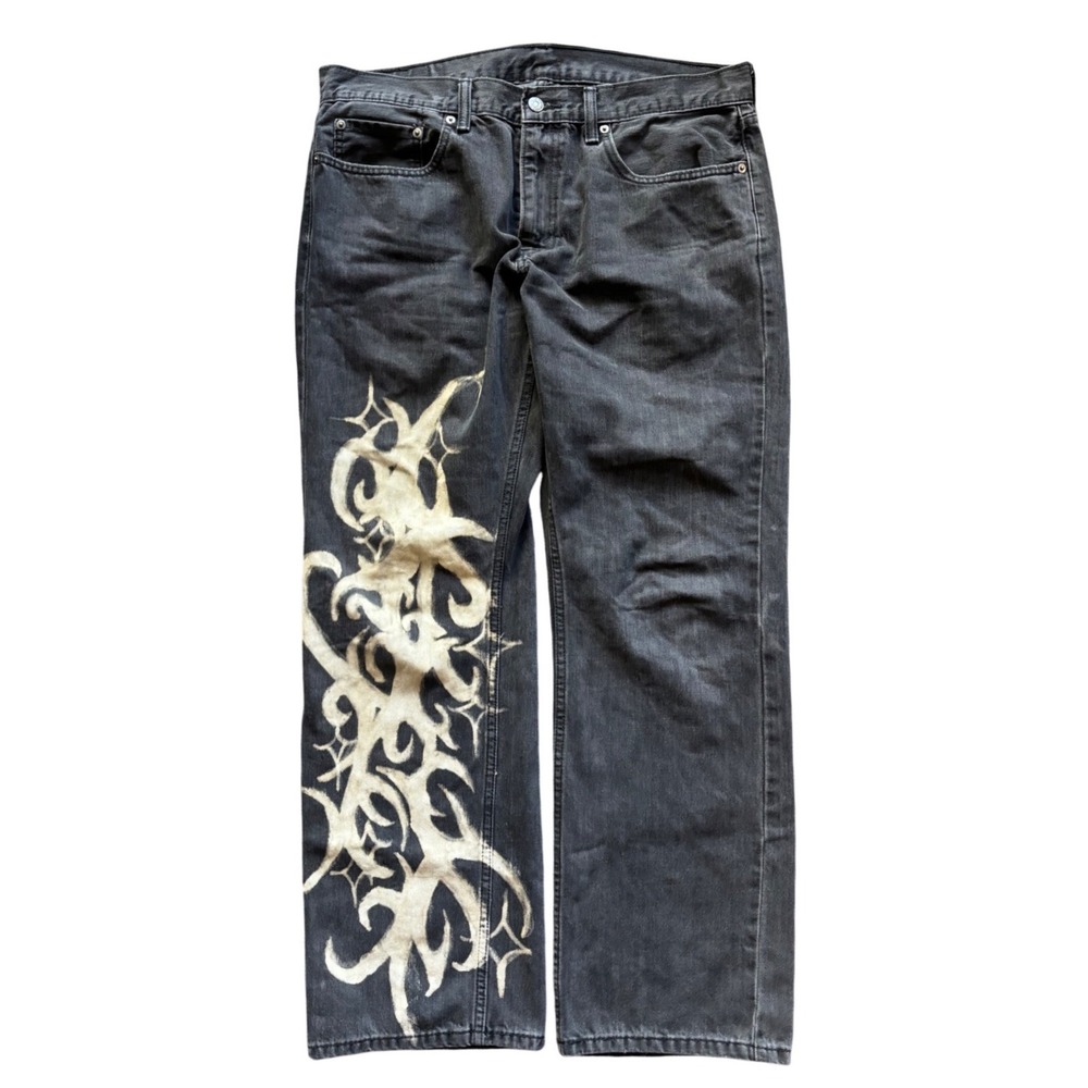 Y2K Levi's 559 Relaxed Fit Custom Cybersigilism Bleached Dark Wash Jeans 34x30